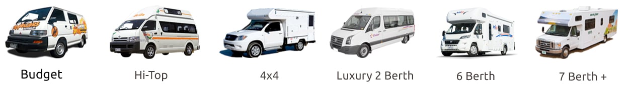 images of the types of vehicles you can hire, including a Budget van, Hi-Top, 4x4, Luxury 2 to 7 berth campervans